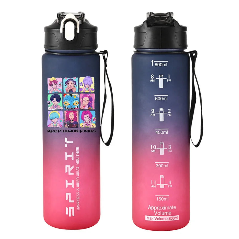 800ml Kpop Demon Hunters Girls Boys Outdoor Water Bottles Anime Portable Large Drinking Straw Water Cups Cartoon Sport Bottle