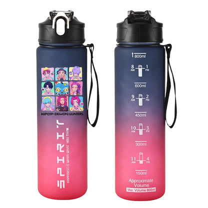 800ml Kpop Demon Hunters Girls Boys Outdoor Water Bottles Anime Portable Large Drinking Straw Water Cups Cartoon Sport Bottle