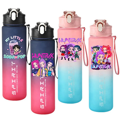 800ml Kpop Demon Hunters Girls Boys Outdoor Water Bottles Anime Portable Large Drinking Straw Water Cups Cartoon Sport Bottle