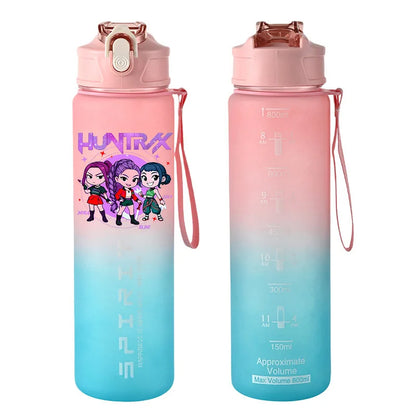 800ml Kpop Demon Hunters Girls Boys Outdoor Water Bottles Anime Portable Large Drinking Straw Water Cups Cartoon Sport Bottle