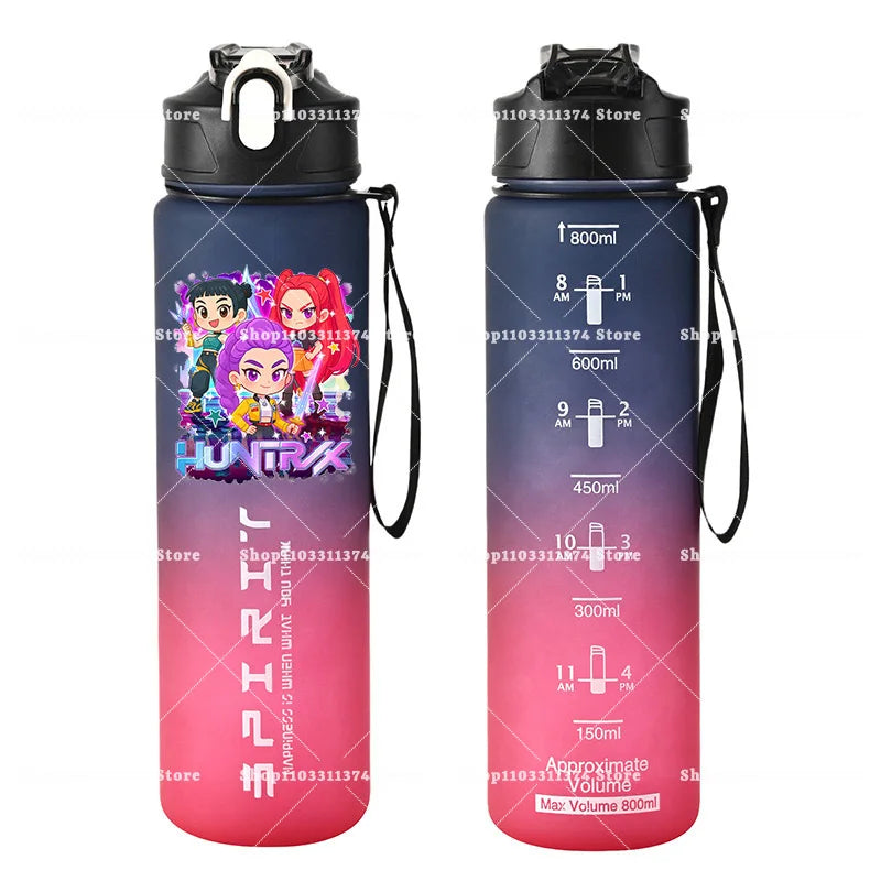 800ml Kpop Demon Hunters Girls Boys Outdoor Water Bottles Anime Portable Large Drinking Straw Water Cups Cartoon Sport Bottle