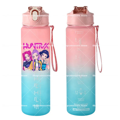 800ml Kpop Demon Hunters Girls Boys Outdoor Water Bottles Anime Portable Large Drinking Straw Water Cups Cartoon Sport Bottle