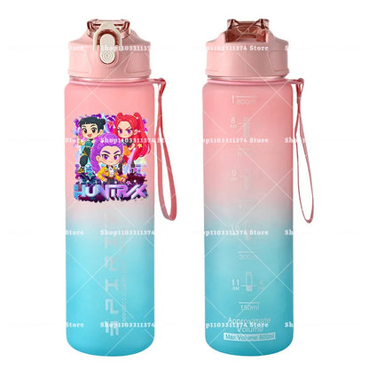 800ml Kpop Demon Hunters Girls Boys Outdoor Water Bottles Anime Portable Large Drinking Straw Water Cups Cartoon Sport Bottle