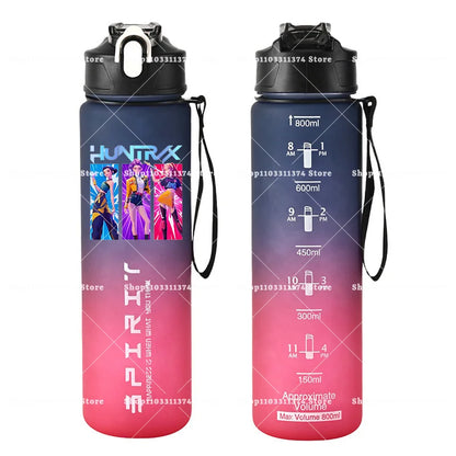 800ml Kpop Demon Hunters Girls Boys Outdoor Water Bottles Anime Portable Large Drinking Straw Water Cups Cartoon Sport Bottle