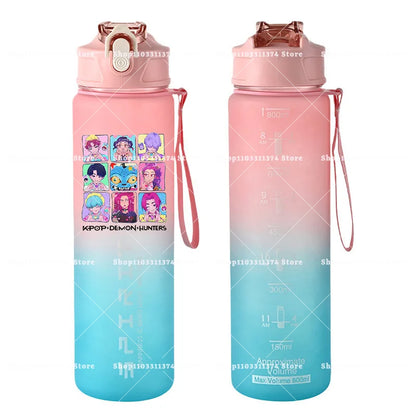 800ml Kpop Demon Hunters Girls Boys Outdoor Water Bottles Anime Portable Large Drinking Straw Water Cups Cartoon Sport Bottle