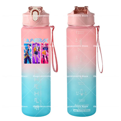 800ml Kpop Demon Hunters Girls Boys Outdoor Water Bottles Anime Portable Large Drinking Straw Water Cups Cartoon Sport Bottle