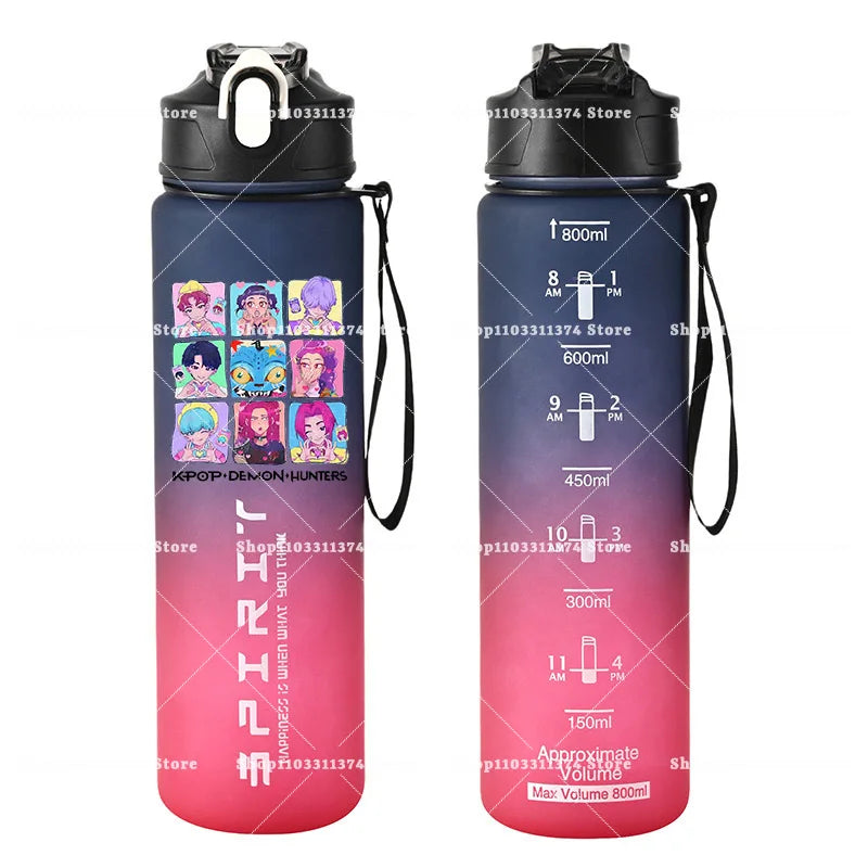 800ml Kpop Demon Hunters Girls Boys Outdoor Water Bottles Anime Portable Large Drinking Straw Water Cups Cartoon Sport Bottle