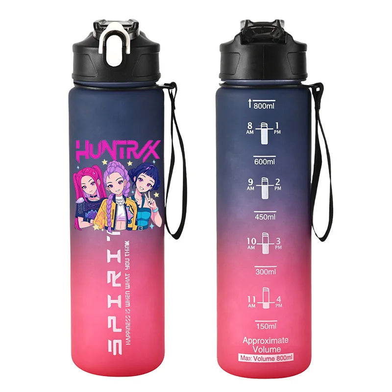 800ml Kpop Demon Hunters Girls Boys Outdoor Water Bottles Anime Portable Large Drinking Straw Water Cups Cartoon Sport Bottle