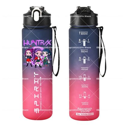 800ml Kpop Demon Hunters Girls Boys Outdoor Water Bottles Anime Portable Large Drinking Straw Water Cups Cartoon Sport Bottle